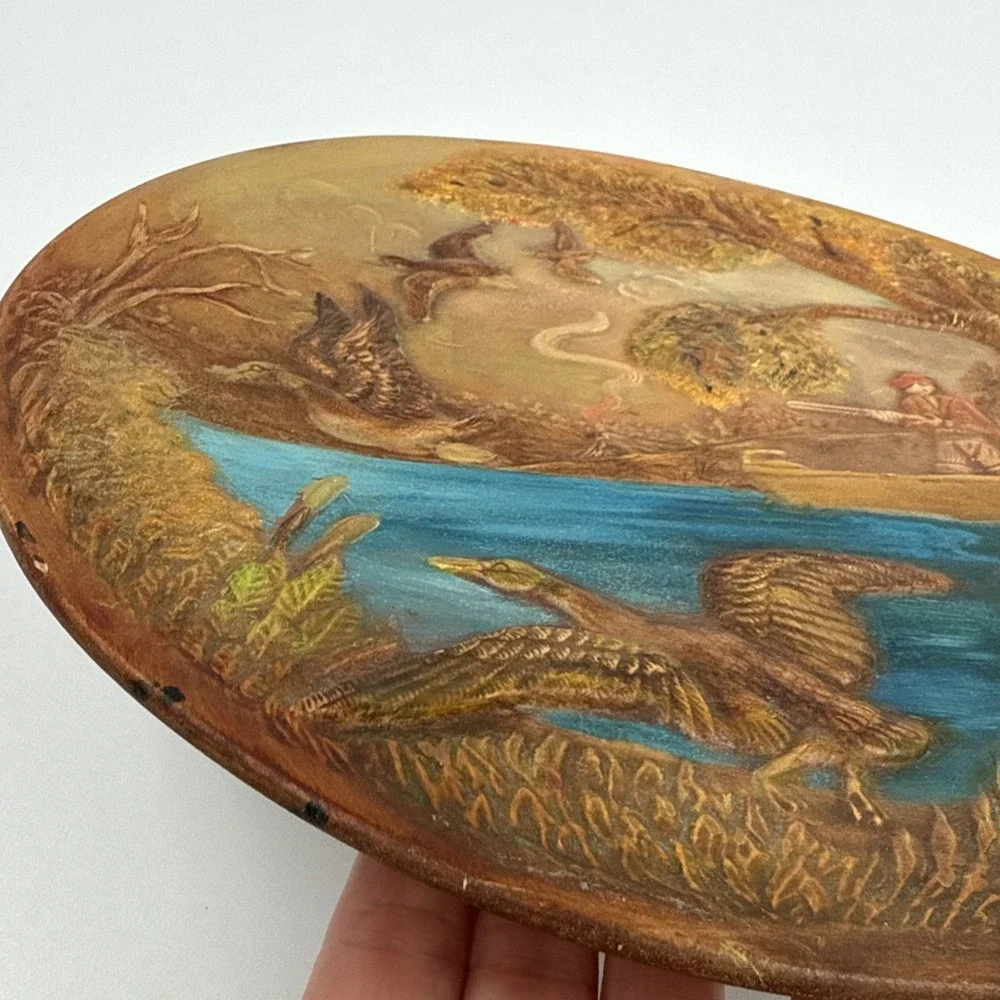 Vintage 1970 Duck Hunter in Boat Painted Plate